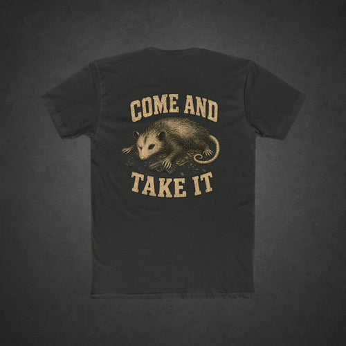 Come and Take It Tee — t-shirt printed with a battle-worn opossum gripping a pistol and “COME AND TAKE IT” lettering