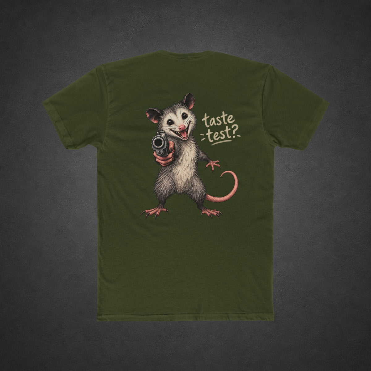 Taste Test Tee — t-shirt printed with a grinning cartoon opossum pointing a pistol next to the words “Taste Test?”