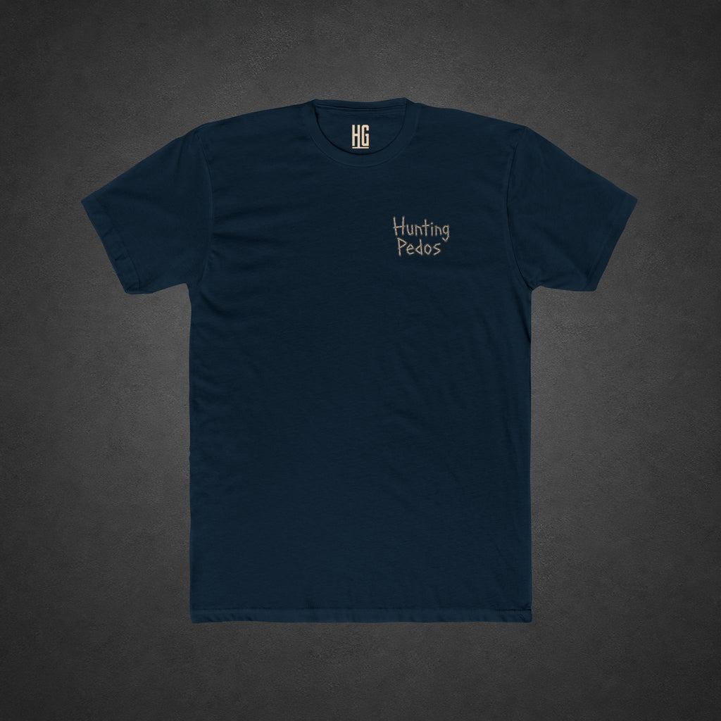 Hunting Pedos Tee — t-shirt printed with a cartoon raccoon wearing night-vision goggles and holding a scoped rifle