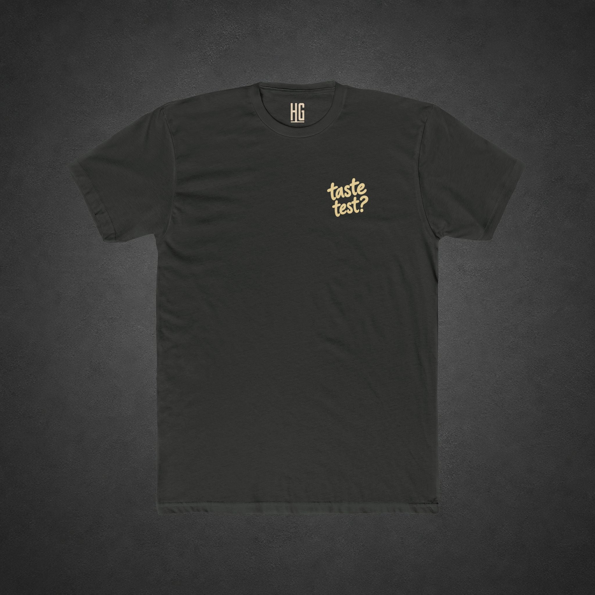 Taste Test Tee — t-shirt printed with a grinning cartoon opossum pointing a pistol next to the words “Taste Test?”