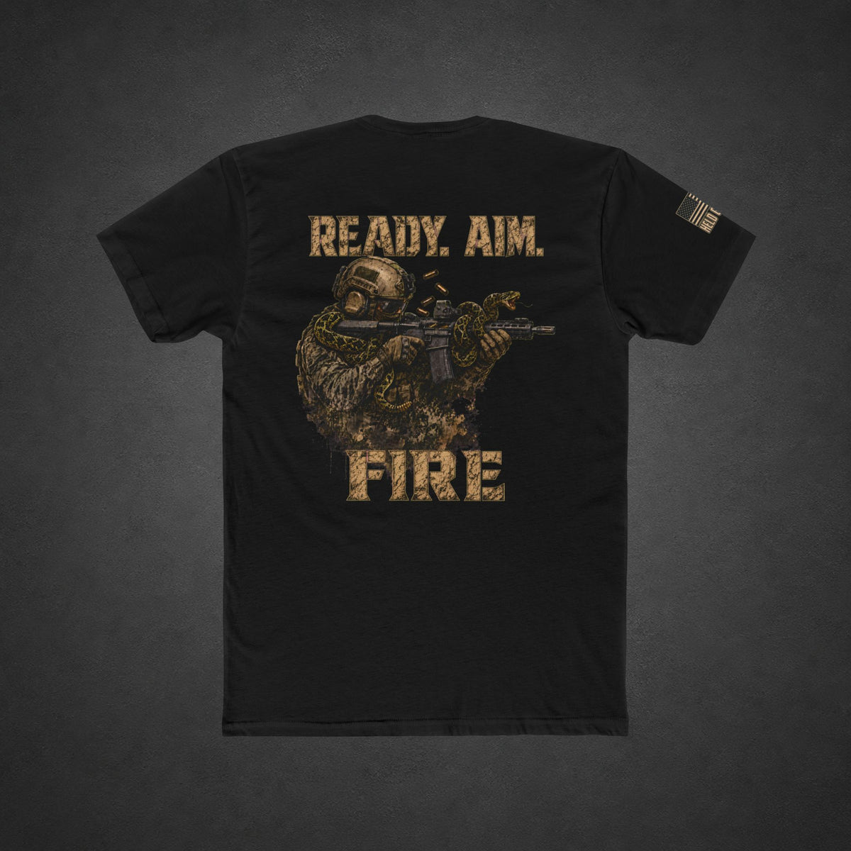 Held Ground Ready. Aim. Fire. graphic t-shirt with tactical soldier and snake design