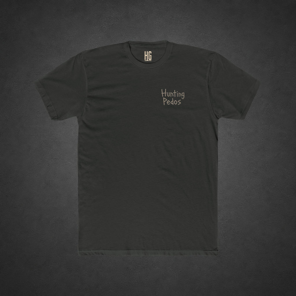 Hunting Pedos Tee — t-shirt printed with a cartoon raccoon wearing night-vision goggles and holding a scoped rifle