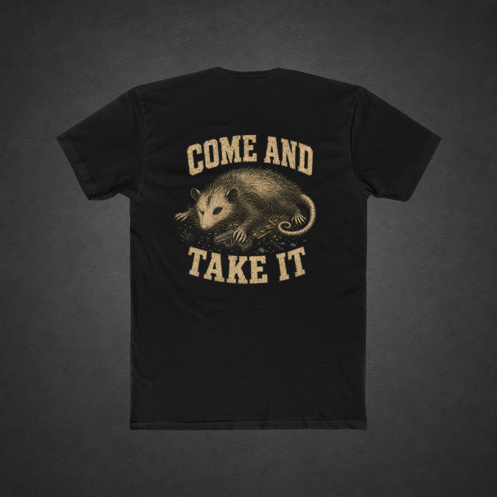 Come and Take It Tee — t-shirt printed with a battle-worn opossum gripping a pistol and “COME AND TAKE IT” lettering