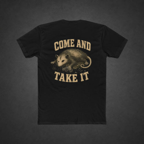 Come and Take It Tee — t-shirt printed with a battle-worn opossum gripping a pistol and “COME AND TAKE IT” lettering