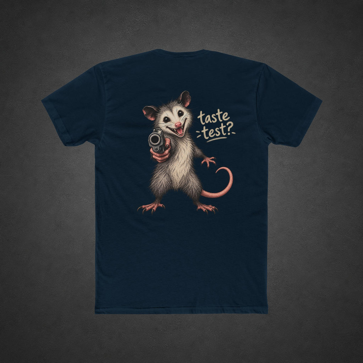 Taste Test Tee — t-shirt printed with a grinning cartoon opossum pointing a pistol next to the words “Taste Test?”