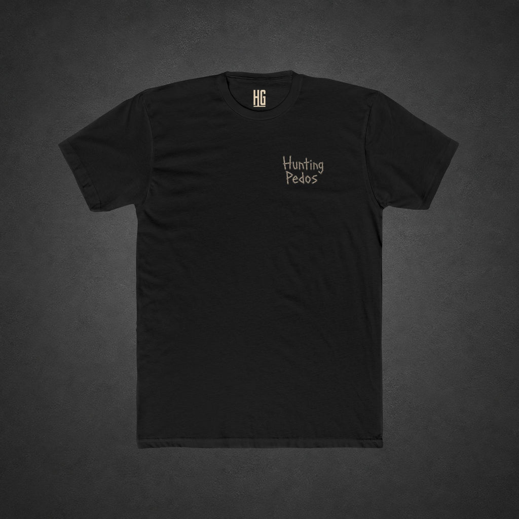 Hunting Pedos Tee — t-shirt printed with a cartoon raccoon wearing night-vision goggles and holding a scoped rifle