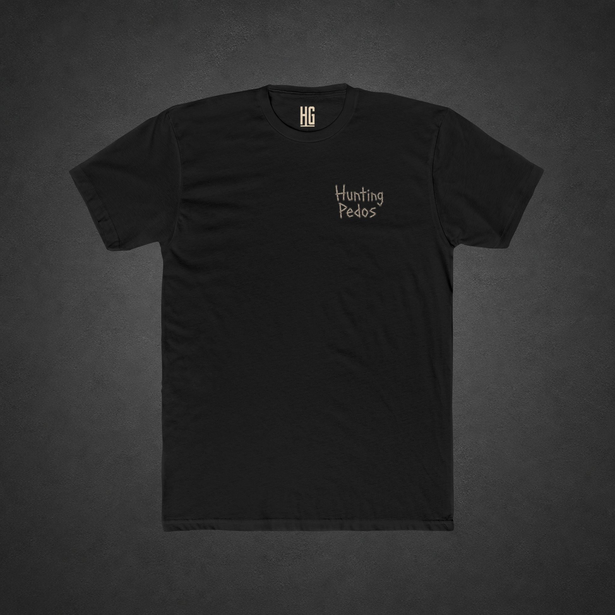 Hunting Pedos Tee — t-shirt printed with a cartoon raccoon wearing night-vision goggles and holding a scoped rifle