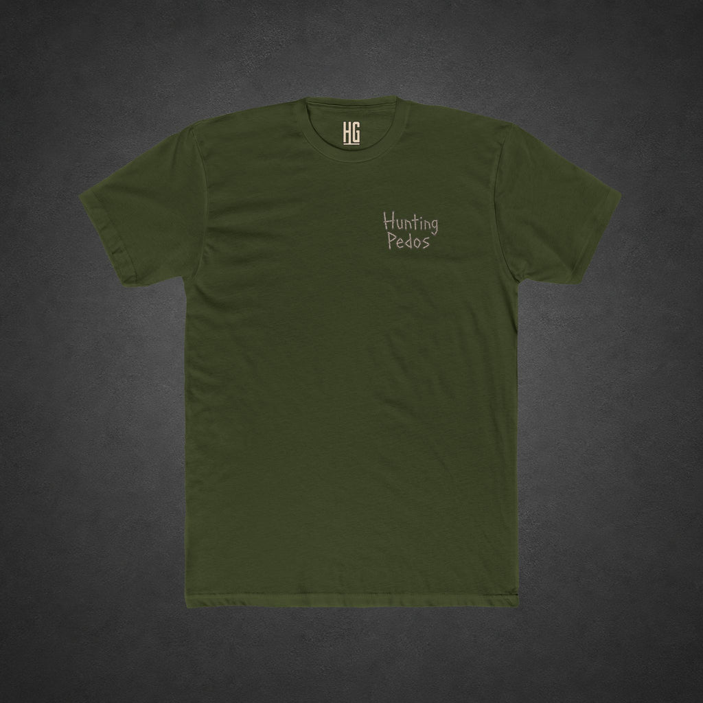 Hunting Pedos Tee — t-shirt printed with a cartoon raccoon wearing night-vision goggles and holding a scoped rifle