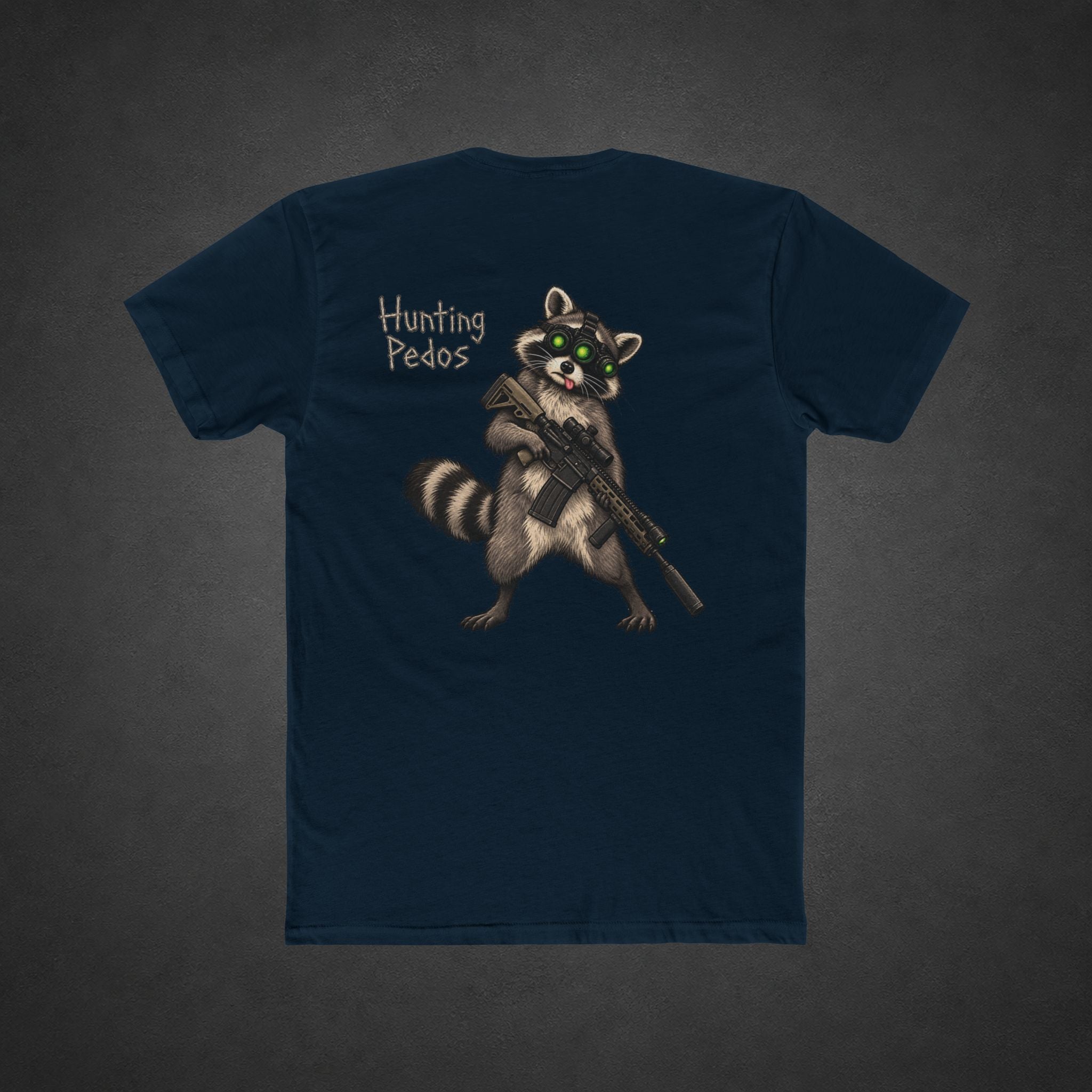 Hunting Pedos Tee — t-shirt printed with a cartoon raccoon wearing night-vision goggles and holding a scoped rifle