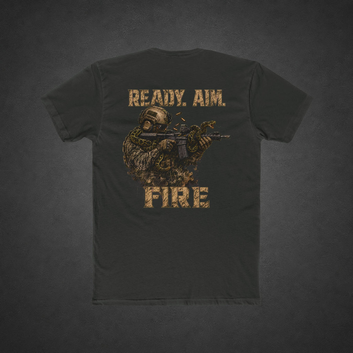 Ready. Aim. Fire. Tee — t-shirt printed with a tactical soldier shouldering a rifle, a coiled snake wrapped around the barrel, and “READY. AIM.” and “FIRE” lettering