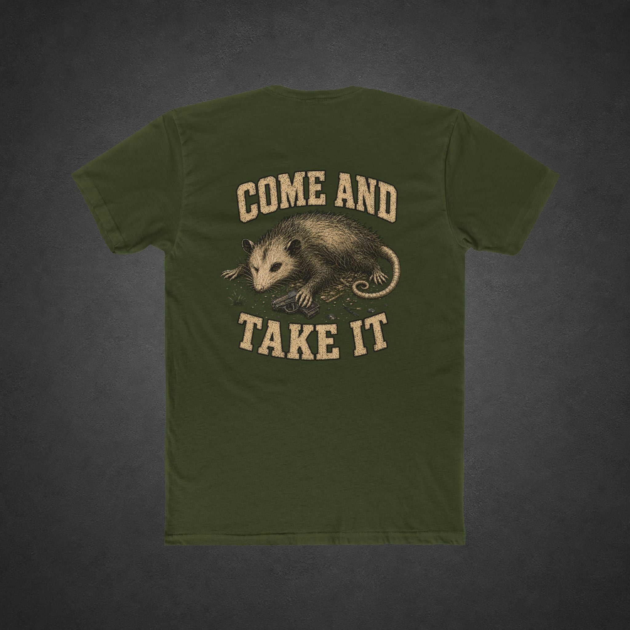 Come and Take It Tee — t-shirt printed with a battle-worn opossum gripping a pistol and “COME AND TAKE IT” lettering