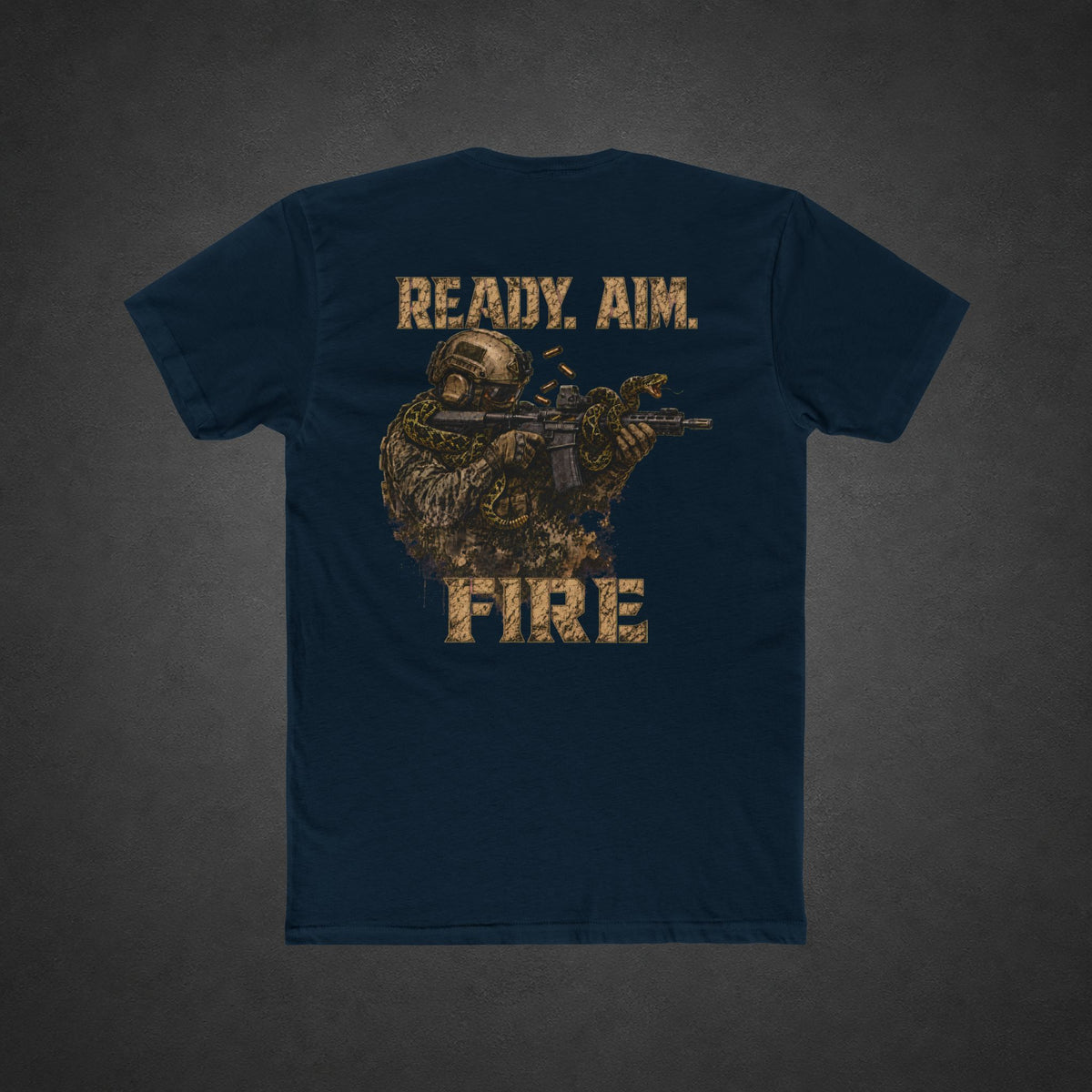 Ready. Aim. Fire. Tee — t-shirt printed with a tactical soldier shouldering a rifle, a coiled snake wrapped around the barrel, and “READY. AIM.” and “FIRE” lettering