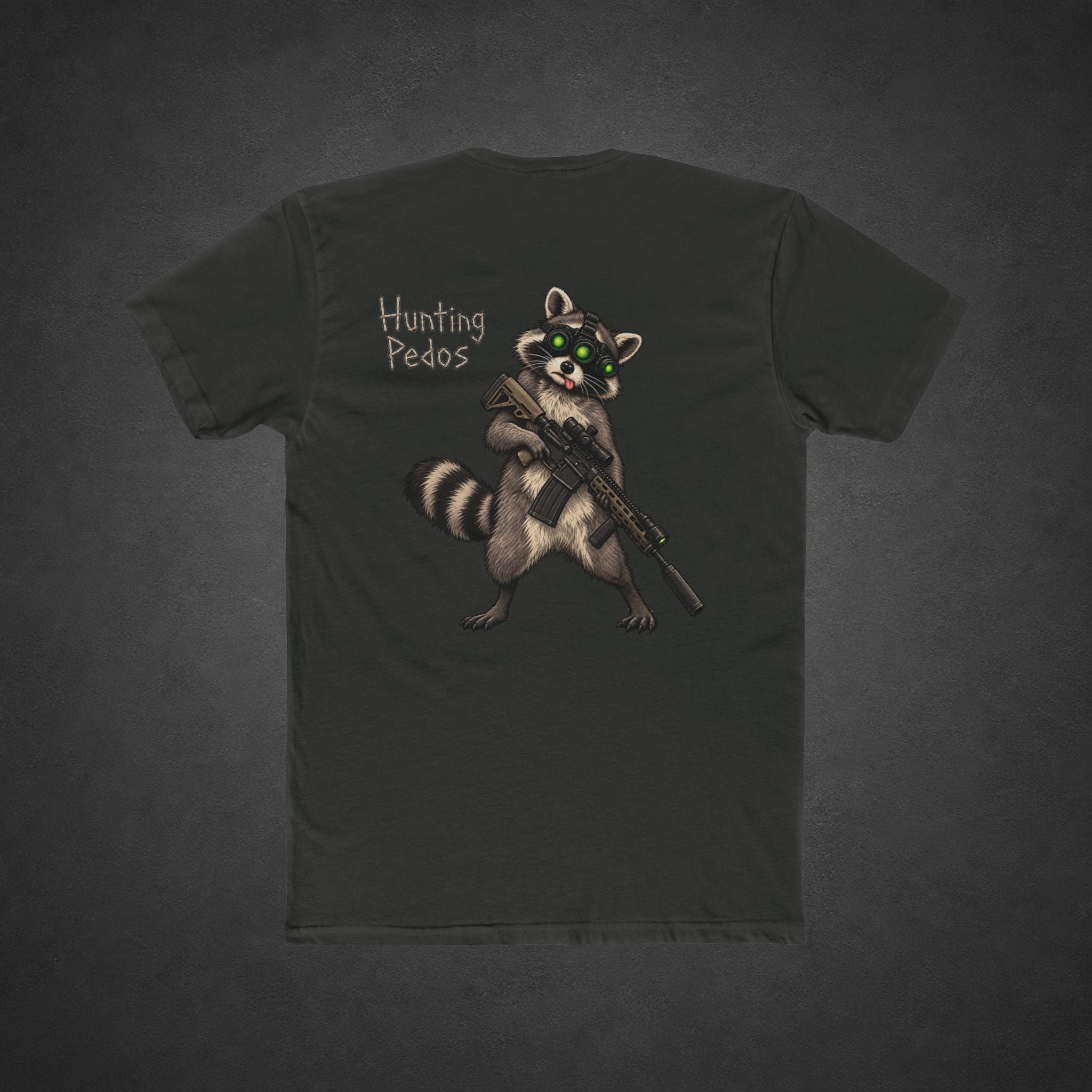 Hunting Pedos Tee — t-shirt printed with a cartoon raccoon wearing night-vision goggles and holding a scoped rifle