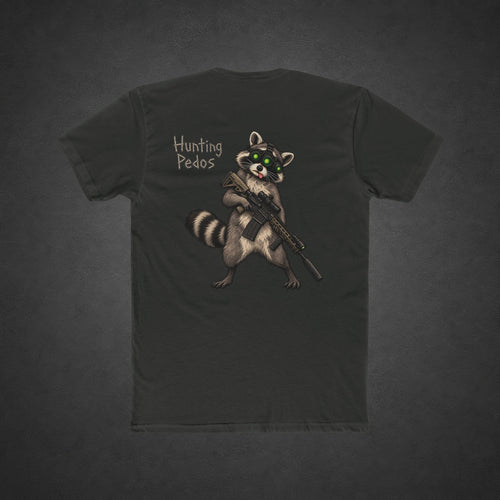 Hunting Pedos Tee — t-shirt printed with a cartoon raccoon wearing night-vision goggles and holding a scoped rifle