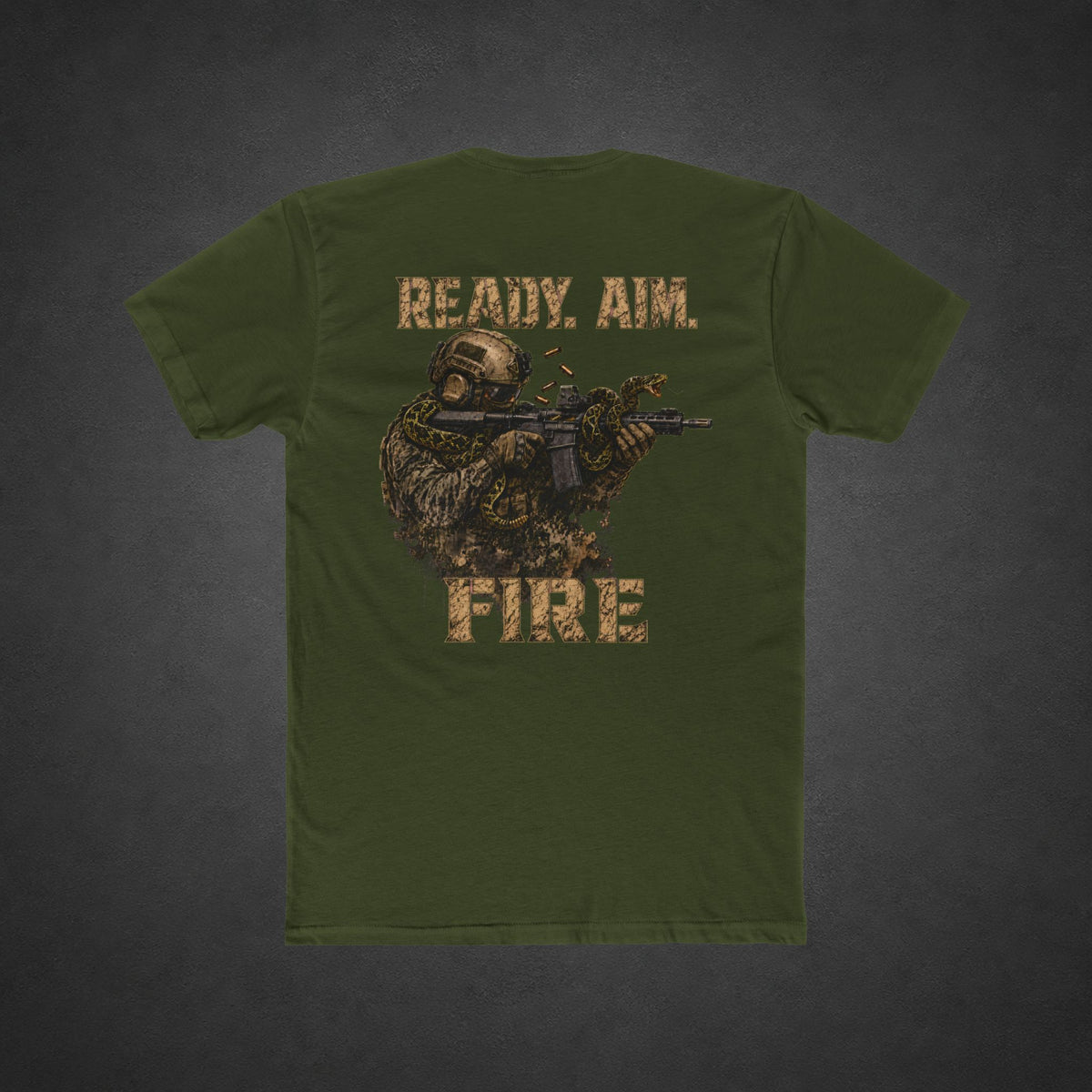 Ready. Aim. Fire. Tee — t-shirt printed with a tactical soldier shouldering a rifle, a coiled snake wrapped around the barrel, and “READY. AIM.” and “FIRE” lettering