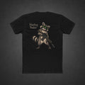 Hunting Pedos Tee — t-shirt printed with a cartoon raccoon wearing night-vision goggles and holding a scoped rifle