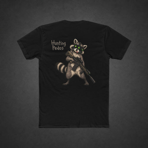 Hunting Pedos Tee — t-shirt printed with a cartoon raccoon wearing night-vision goggles and holding a scoped rifle