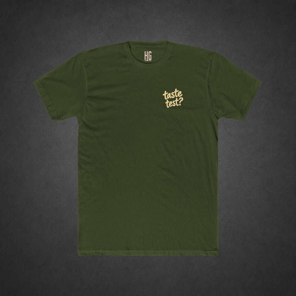 Taste Test Tee — t-shirt printed with a grinning cartoon opossum pointing a pistol next to the words “Taste Test?”