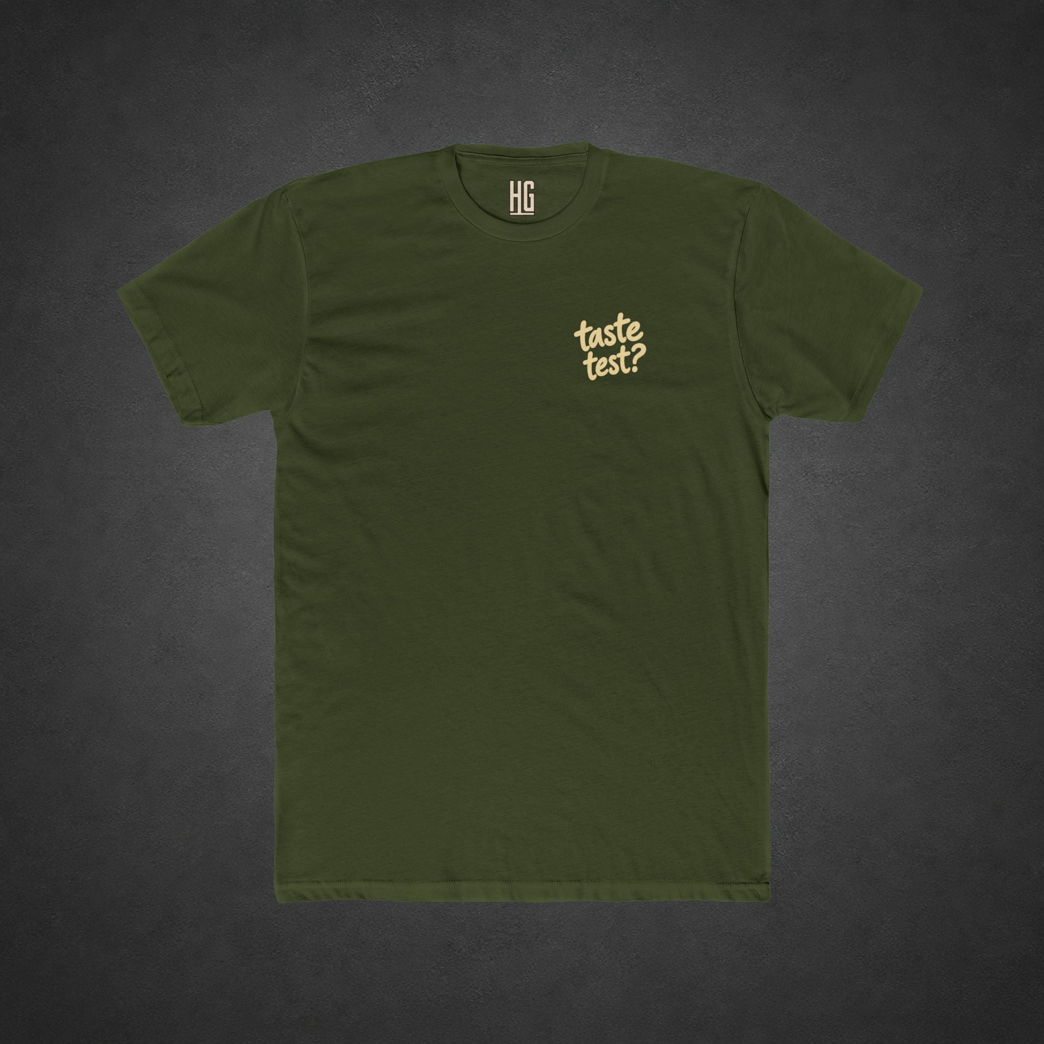 Taste Test Tee — t-shirt printed with a grinning cartoon opossum pointing a pistol next to the words “Taste Test?”