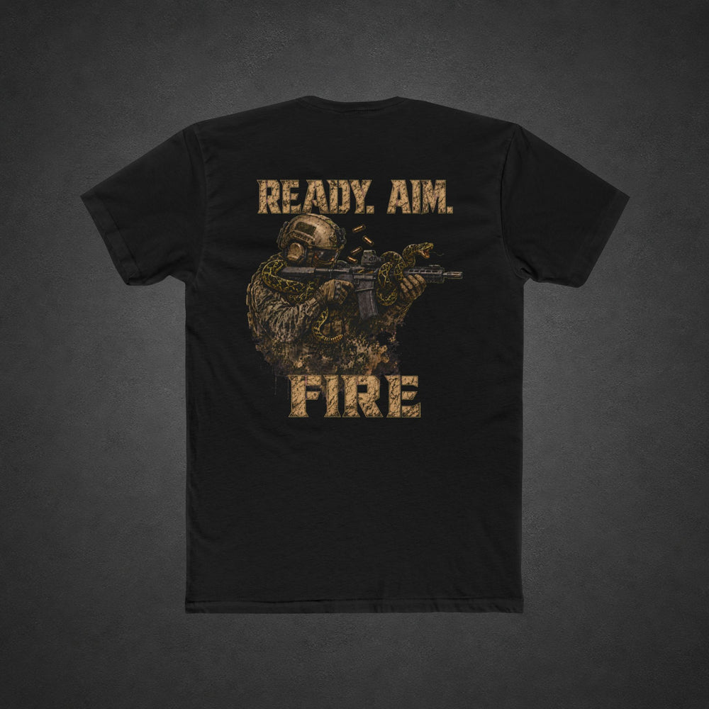 Ready. Aim. Fire. Tee — t-shirt printed with a tactical soldier shouldering a rifle, a coiled snake wrapped around the barrel, and “READY. AIM.” and “FIRE” lettering