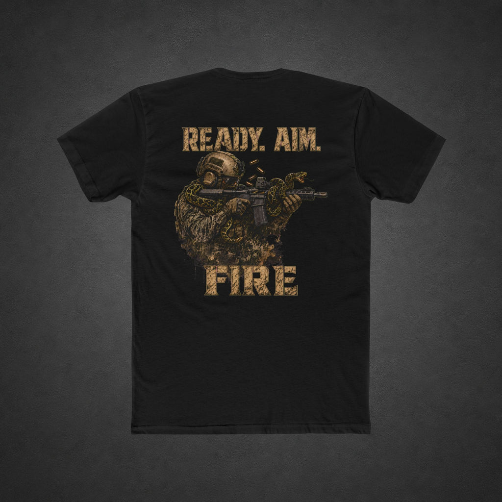 Ready. Aim. Fire. Tee — t-shirt printed with a tactical soldier shouldering a rifle, a coiled snake wrapped around the barrel, and “READY. AIM.” and “FIRE” lettering