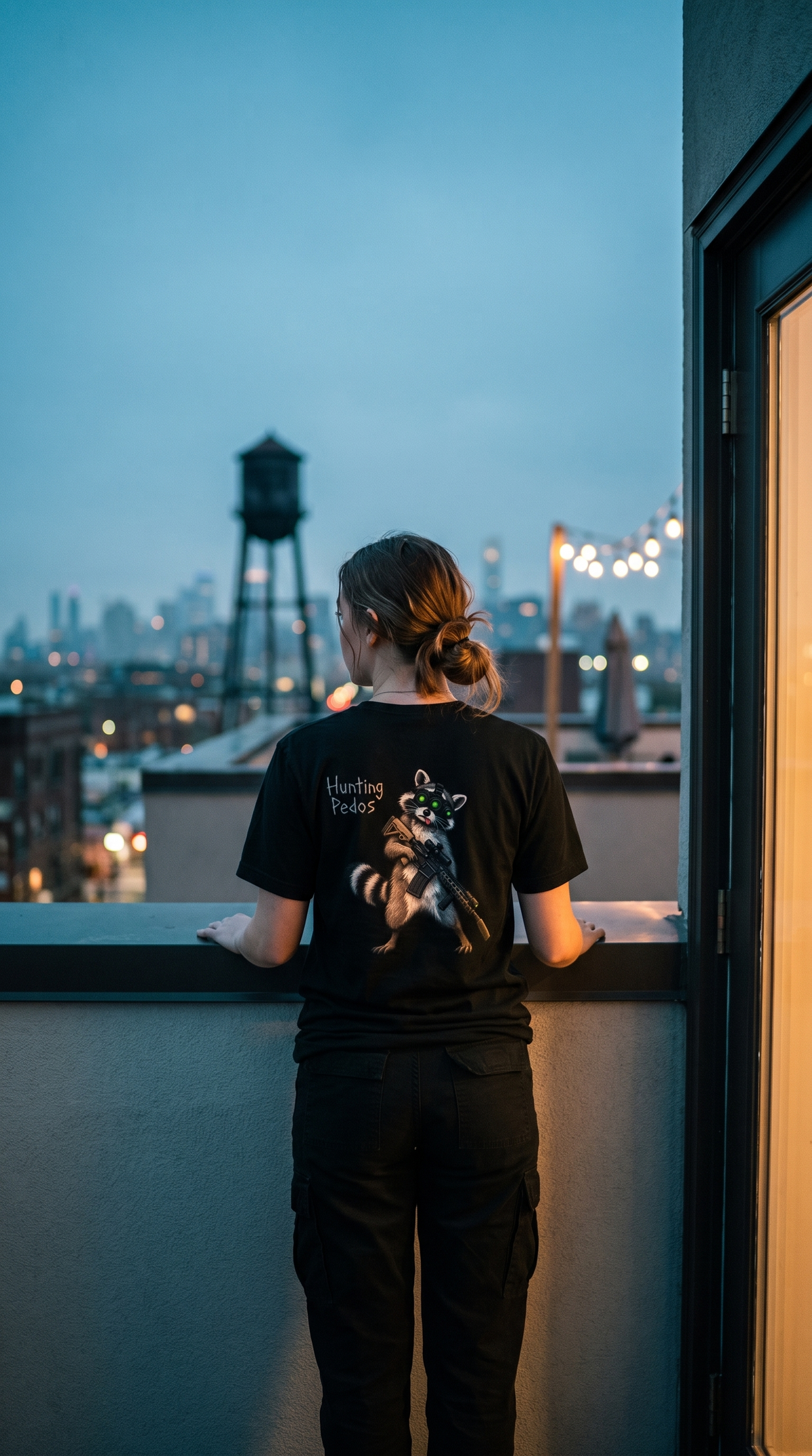 Model wearing the Hunting Pedos Tee on a rooftop at dusk.