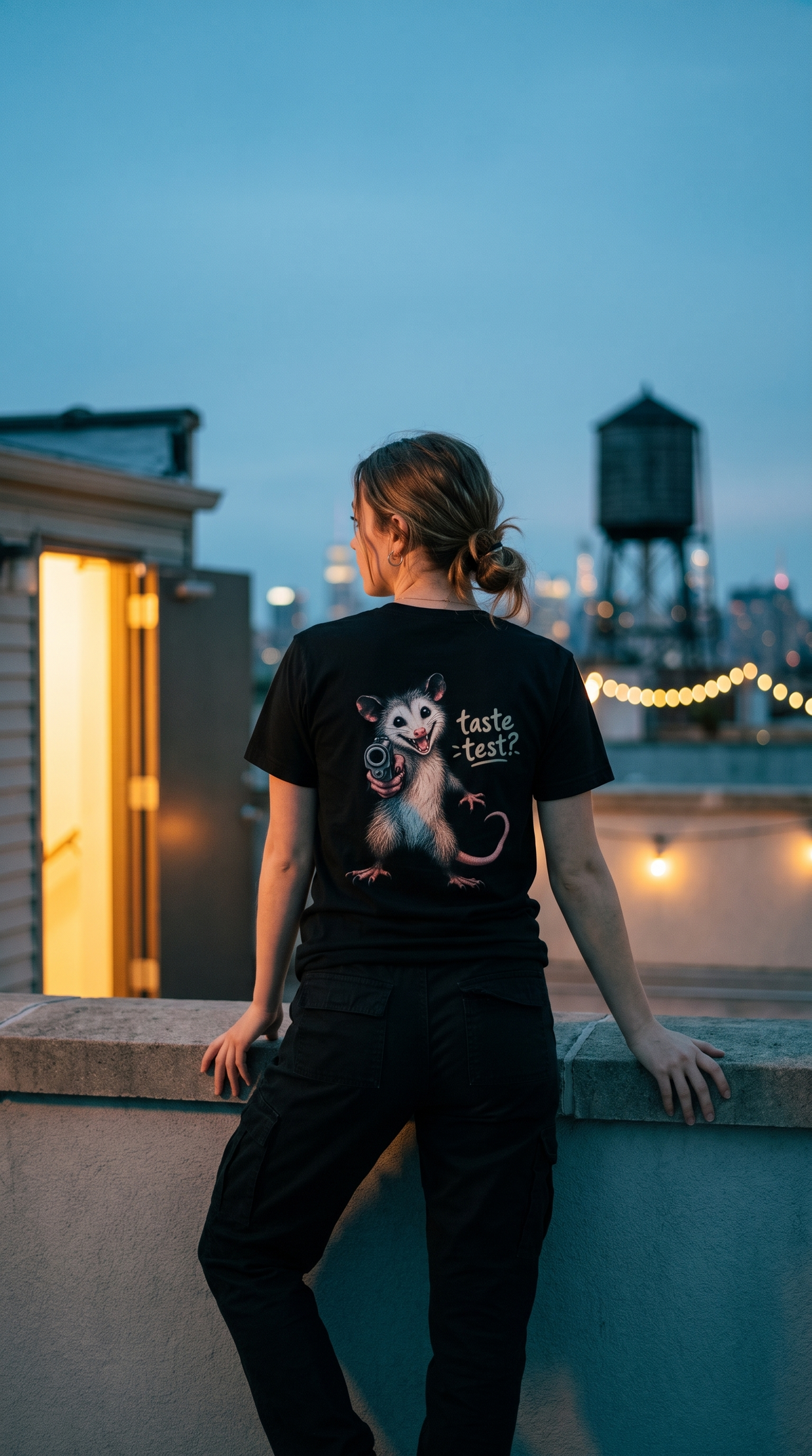 Model wearing the Taste Test Tee on a rooftop at dusk.